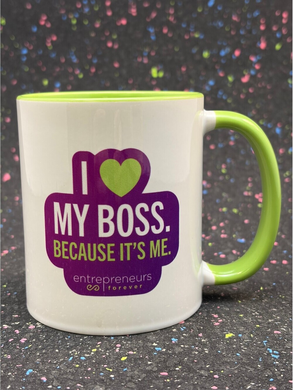 Green and White Ceramic Coffee Mug - 'I Love My Boss Because It's Me'